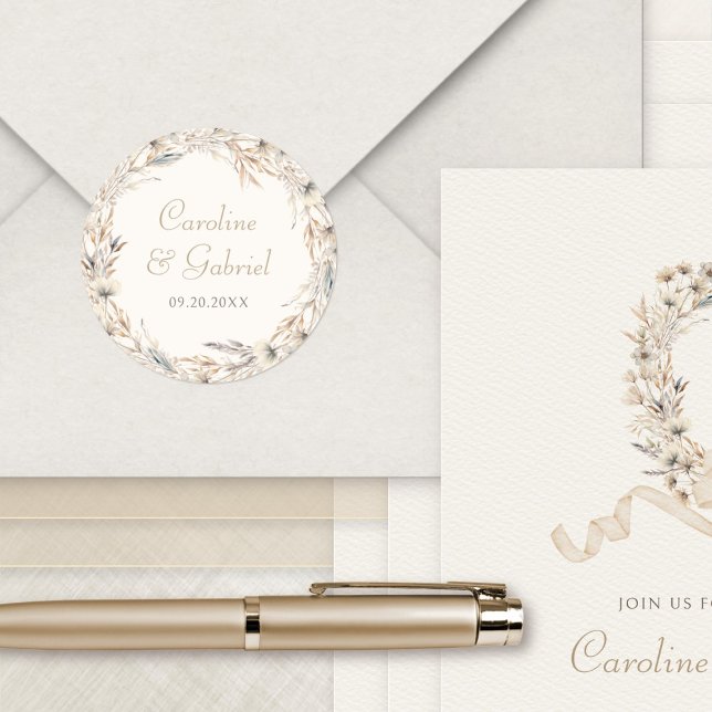 Fall Wildflowers Wreath Elegant Wedding Classic Round Sticker (Creator Uploaded)