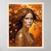 Fall Wind Woman in Orange Leaves Blue Eyes Woman