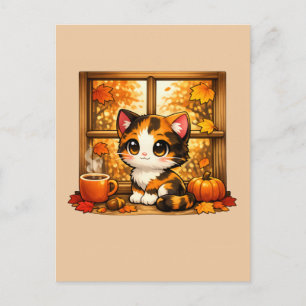 Fall Window Kitty – Cute Autumn Postcard