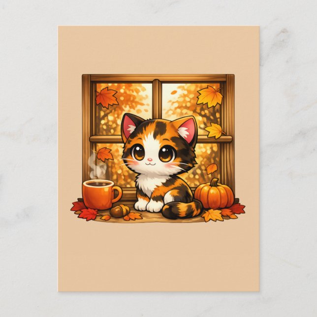 Fall Window Kitty – Cute Autumn Postcard (Front)
