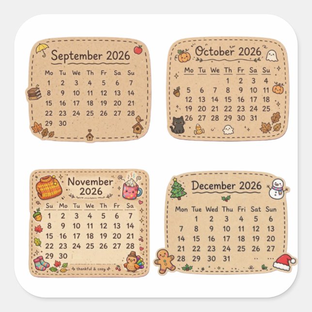 Fall Winter 2026 Calendar Sticker Sheet | Sept-Dec (Front)