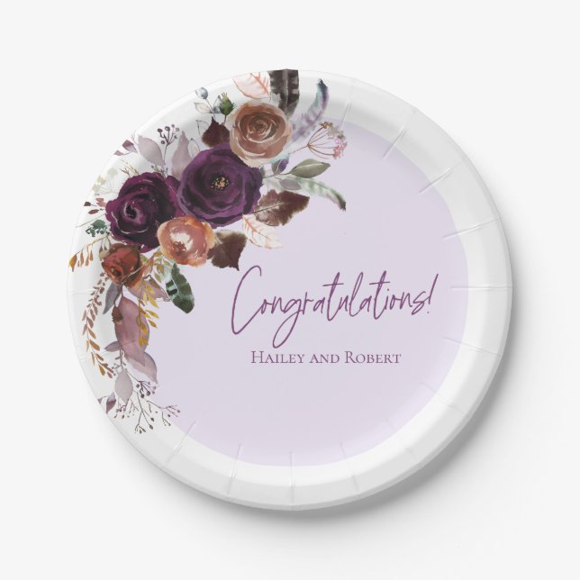 Fall Winter Plum, Pink and Gold Baby Shower Paper Plate (Front)