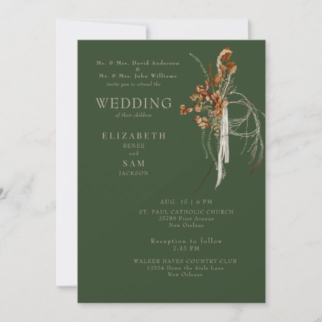 Fall Wispy Boho Forest Green Both Parents Invitation (Front)