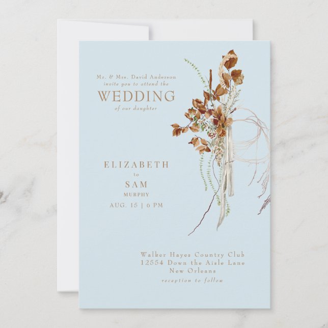 Fall Wispy Boho Sky Blue Bride Parents Wedding Invitation (Front)