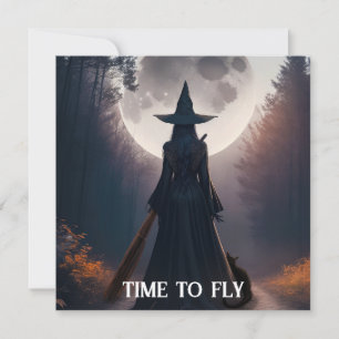 Fall Witch Landscape With Full Moon Black Cat Card