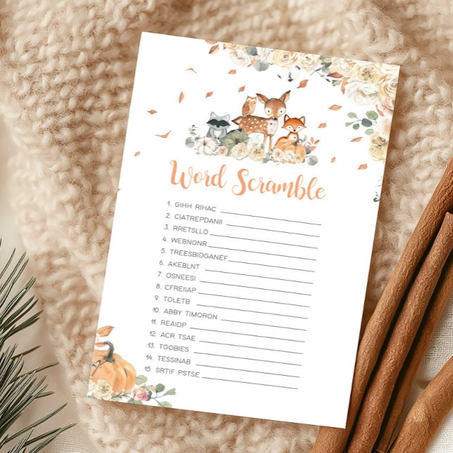 Fall Woodland Animal Word Scramble Game (Floral Woodland Animals Baby Shower Word Scramble Game)
