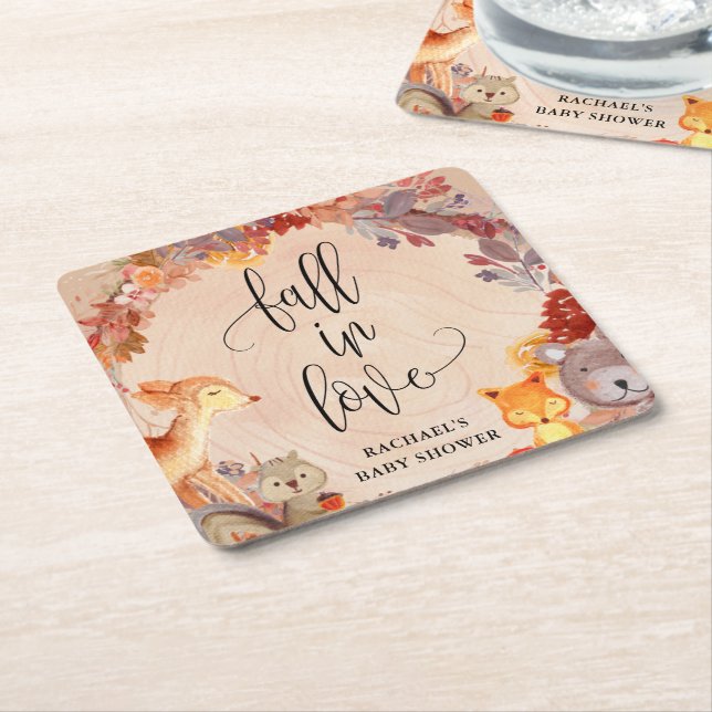 Fall Woodland Animals Baby Shower Personalised Square Paper Coaster (Angled)