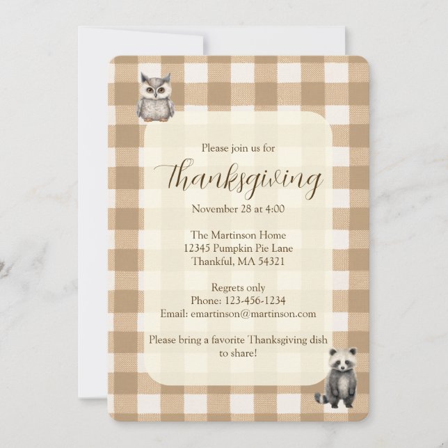 Fall Woodland Animals Brown Gingham Thanksgiving Invitation (Front)