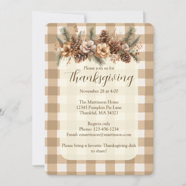 Fall Woodland Botanical Brown Gingham Thanksgiving Invitation (Front)