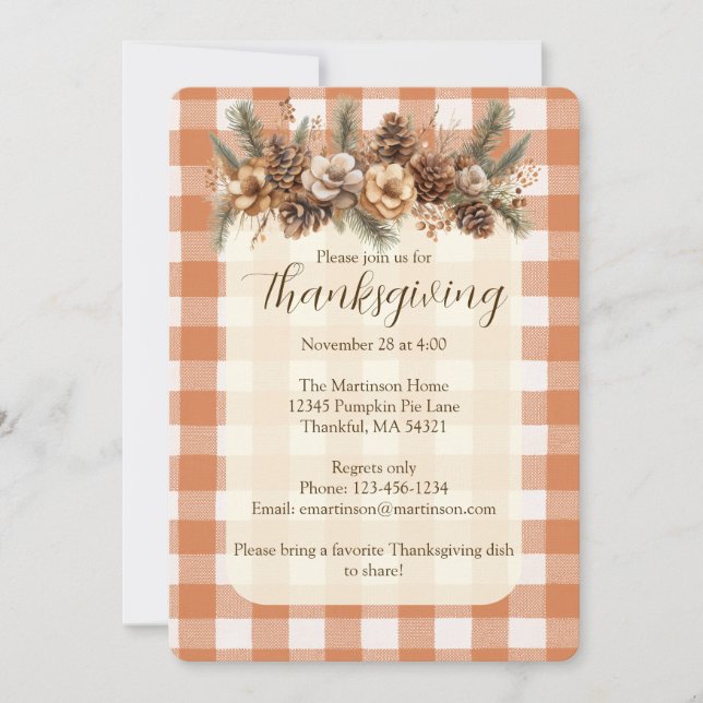 Fall Woodland Botanicals Gingham Thanksgiving Invitation (Front)