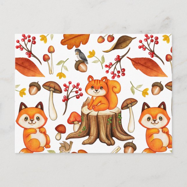 Fall Woodland Cute Animals and Orange Leaves Postcard (Front)