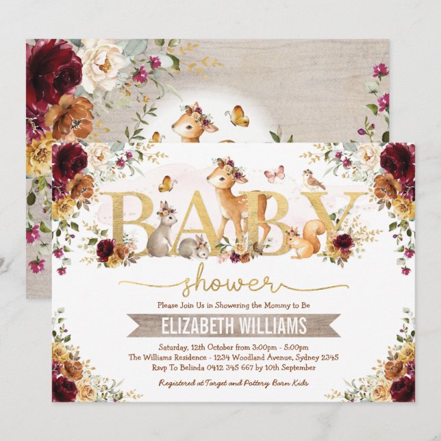 Fall Woodland Orange Burgundy Floral Baby Shower Invitation (Front/Back)