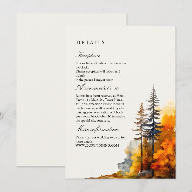 Fall Woodland, Pine trees wedding Details Enclosure Card (Front/Back)