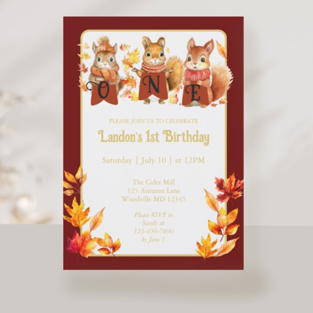 Fall Woodland Squirrel First Birthday Invitation (Creator Uploaded)