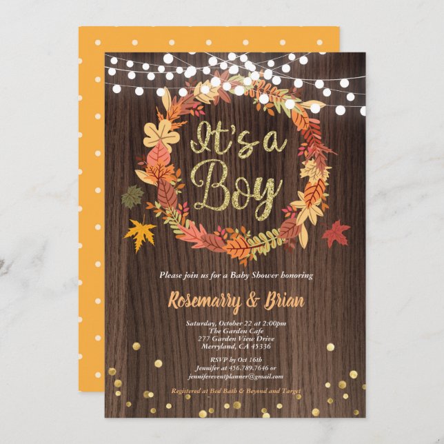 Fall wreath baby boy shower rustic thanksgiving invitation (Front/Back)