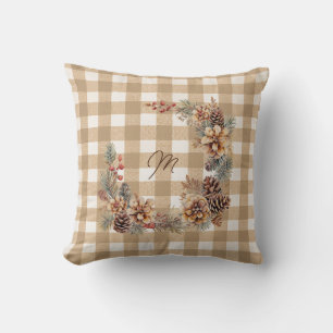 Fall Wreath Brown Gingham Monogram Cushion