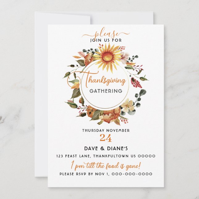 Fall Wreath Sunflower Thanksgiving Gathering  Invitation (Front)