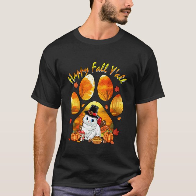 Fall Y'all Thanksgiving Cat As Turkey Fall Tree Pi T-Shirt (Front)