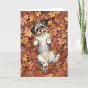 Fall Yorkie Watercolor Autumn Leaves Card