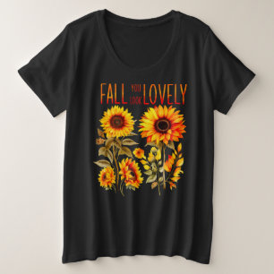 Fall You Look Lovely, Autumn Sunflower Watercolor Plus Size T-Shirt