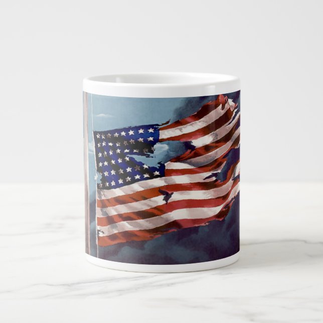Fallen But Not Forgotten Smoke and Torn Flag Large Coffee Mug (Front)