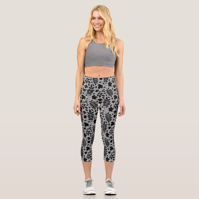 Fallen Leaves Big Pattern Black on Grey Capri Leggings (Front)