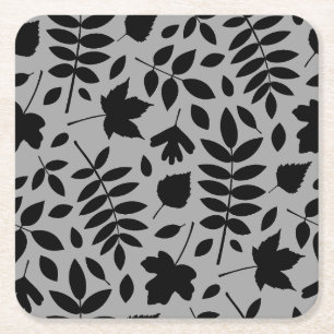 Fallen Leaves Big Pattern Black on Grey Square Paper Coaster