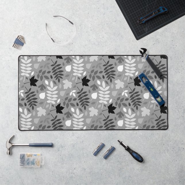 Fallen Leaves Big Pattern Monochrome on Grey Desk Mat (Workstation)