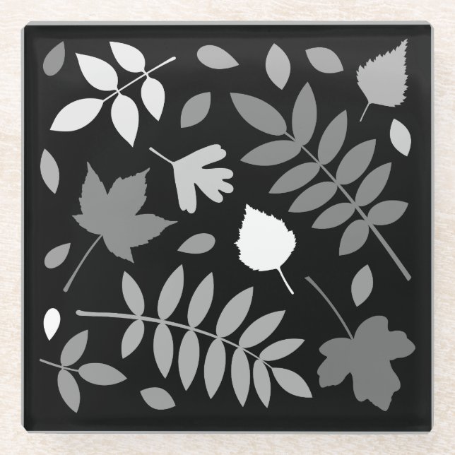 Fallen Leaves Design Greys White Black Glass Coaster (Front)