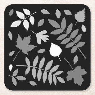 Fallen Leaves Design Greys White Black Square Paper Coaster