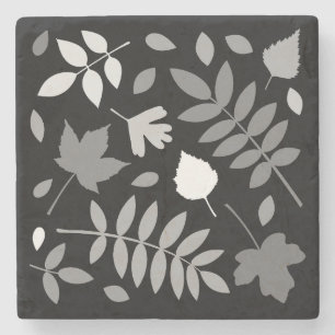 Fallen Leaves Design Greys White Black Stone Coaster