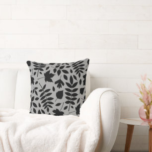 Fallen Leaves Lg Pattern Black on Grey Cushion