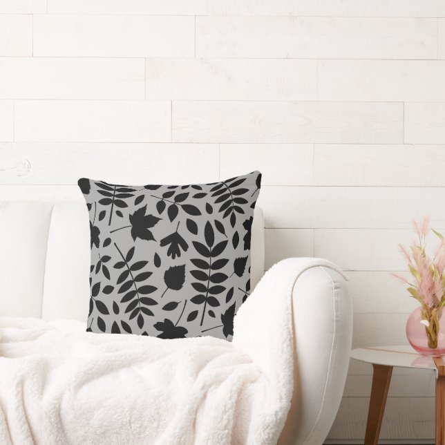 Fallen Leaves Lg Pattern Black on Grey Cushion (Couch)