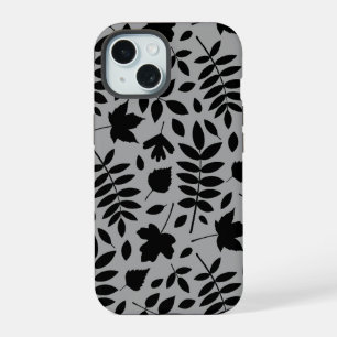 Fallen Leaves Lg Pattern Black on Grey iPhone 15 Case