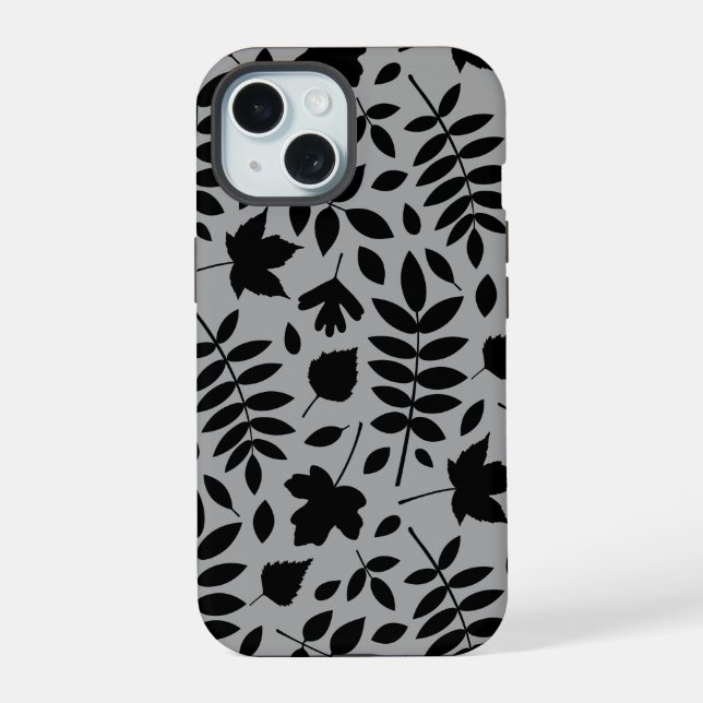 Fallen Leaves Lg Pattern Black on Grey iPhone 15 Case (Back)