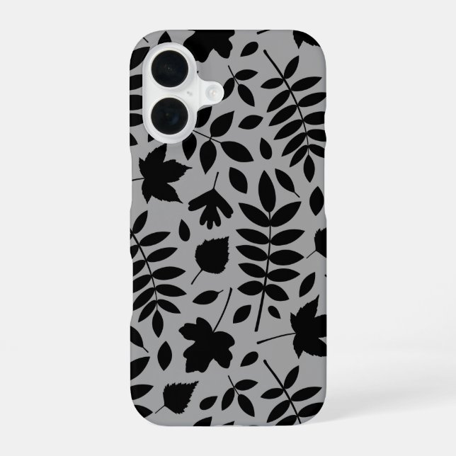 Fallen Leaves Lg Pattern Black on Grey iPhone 16 Case (Back)