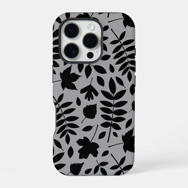 Fallen Leaves Lg Pattern Black on Grey iPhone Case (Back)
