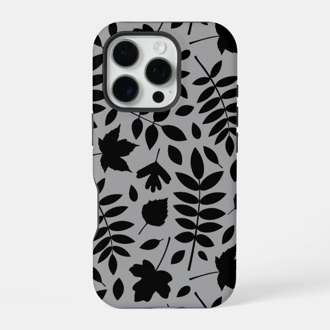 Fallen Leaves Lg Pattern Black on Grey iPhone Case (Back)