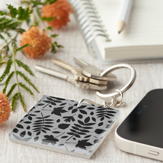 Fallen Leaves Lg Pattern Black on Grey Key Ring (Front Right)