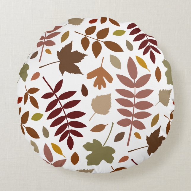 Fallen Leaves Lg Pattern Fall Colours on White Round Cushion (Front)