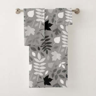 Fallen Leaves Lg Pattern Monochrome on Grey Bath Towel Set