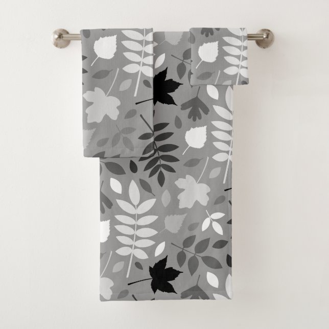 Fallen Leaves Lg Pattern Monochrome on Grey Bath Towel Set (Insitu)
