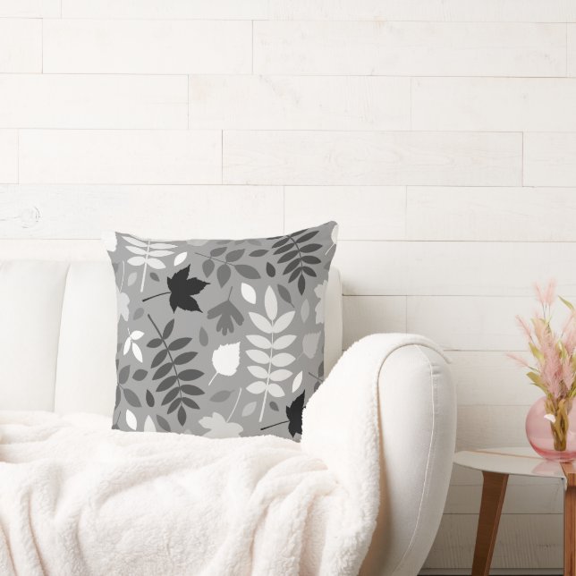 Fallen Leaves Lg Pattern Monochrome on Grey Cushion (Couch)