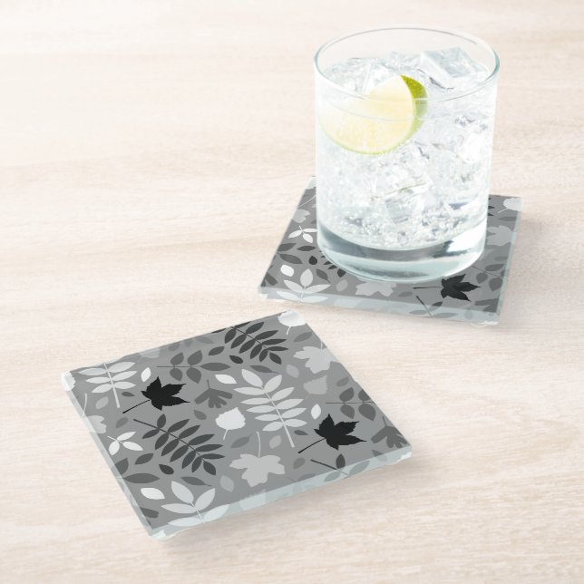 Fallen Leaves Lg Pattern Monochrome on Grey Glass Coaster (Angled)