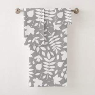 Fallen Leaves Lg Pattern White on Grey Bath Towel Set