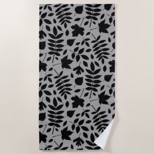 Fallen Leaves Pattern Black on Grey Beach Towel