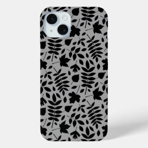 Fallen Leaves Pattern Black on Grey iPhone 15 Mini Case