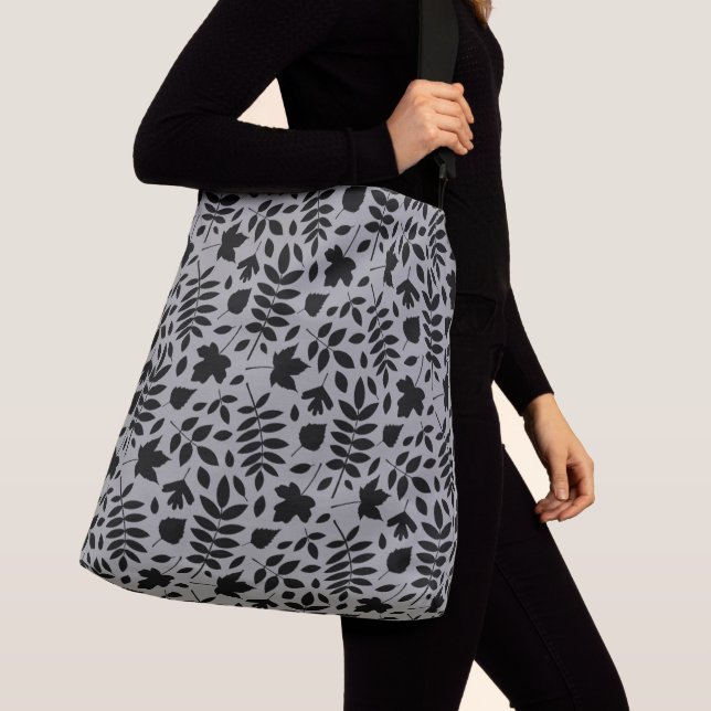 Fallen Leaves Pattern Black on Grey Crossbody Bag (Close Up)