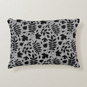 Fallen Leaves Pattern Black on Grey Decorative Cushion