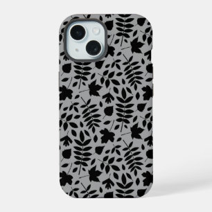 Fallen Leaves Pattern Black on Grey iPhone 15 Case